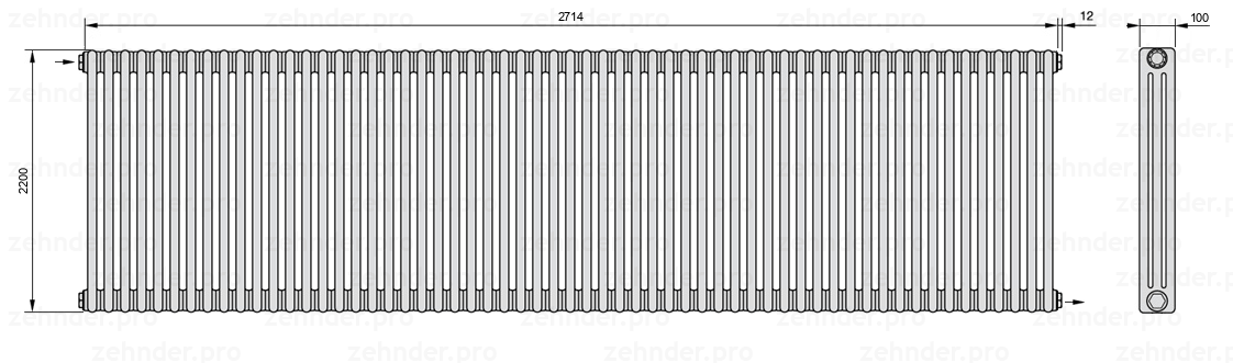 Схема (чертеж) Радиатор Zehnder Charleston 3220/59 №1670 Белый глянцевый RAL 9016